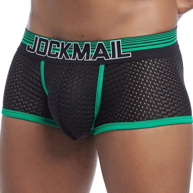 Men's breathable mesh boxer underwear in blue, green, red, yellow, sizes M-XXL, nylon shaping design