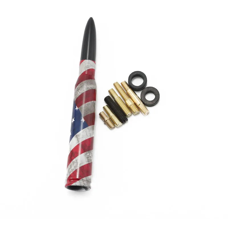 Bullet-style car antenna in camouflage green, black, or American flag design, showing 14cm length.