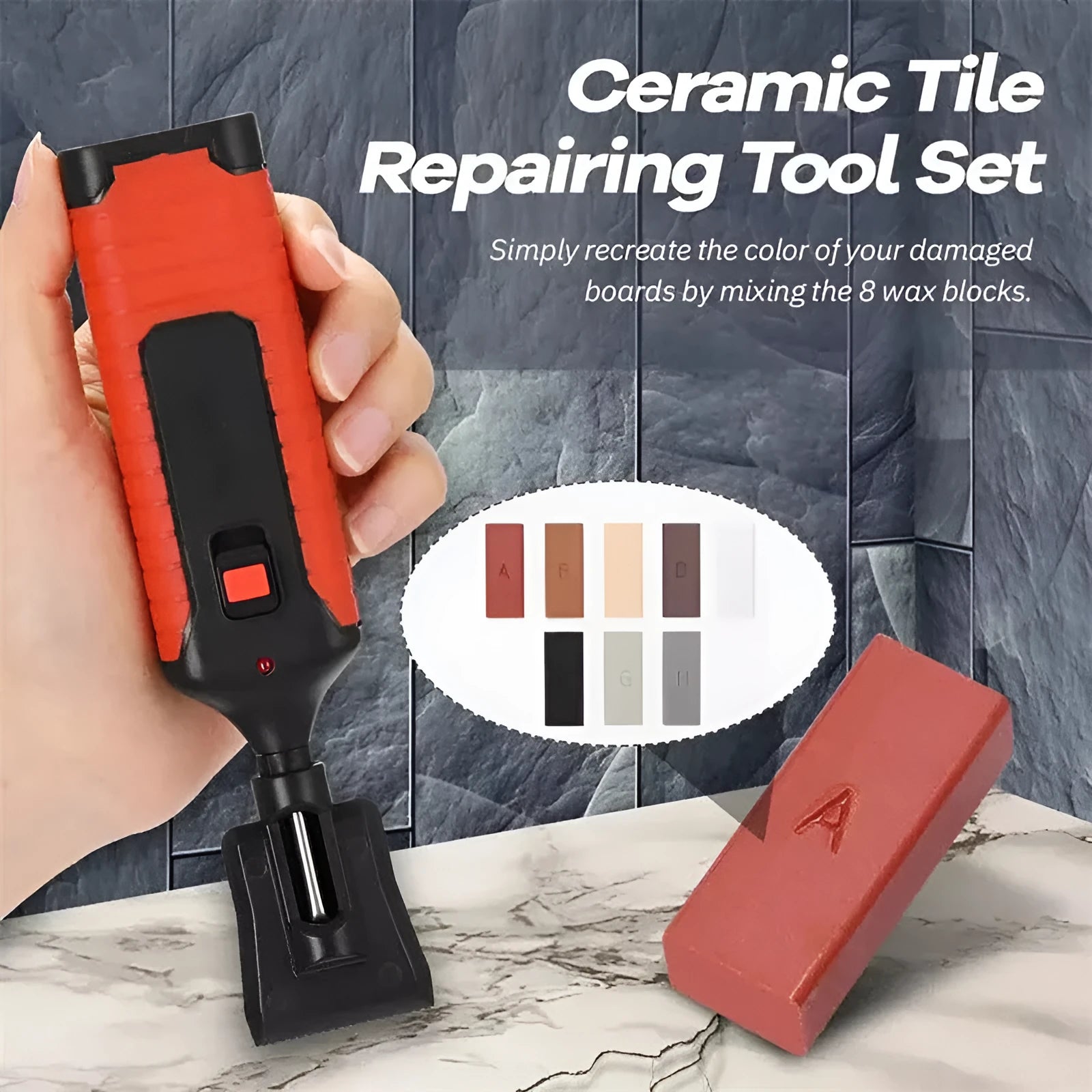 Floor repair kit with wax sticks and manual tools for DIY tile restoration