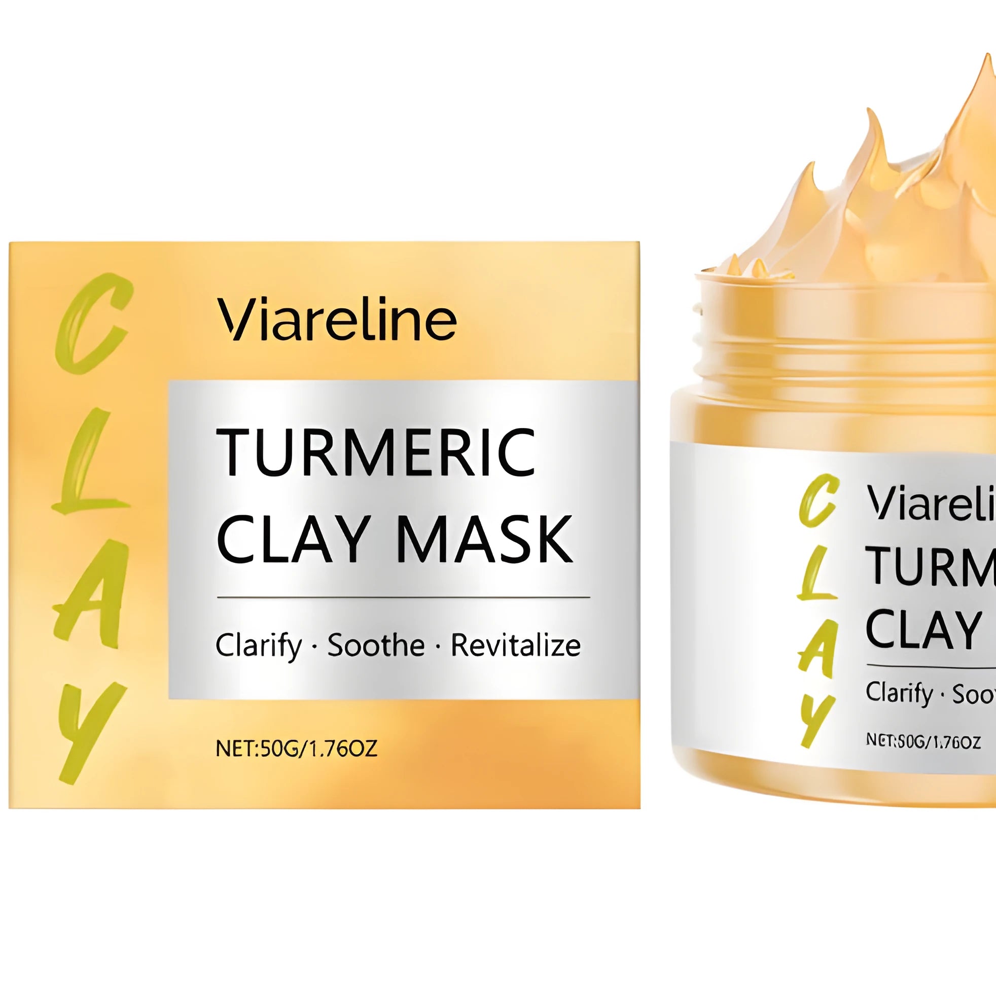 Yellow turmeric glossy mud face mask in a 50g jar with an applicator brush
