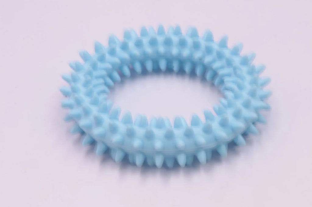 TPR spiky circle ring dog chew toy in assorted colours for dental cleaning and bite training