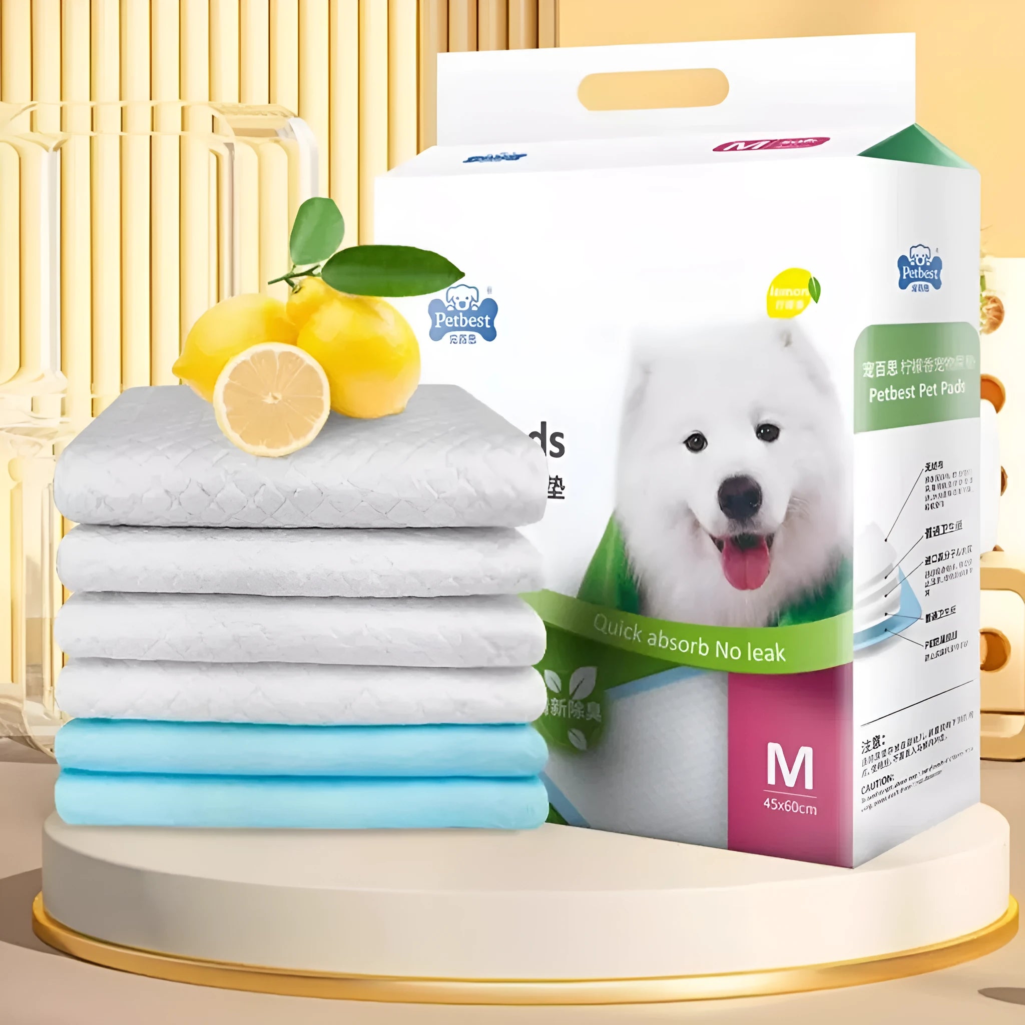 Pack of thickened, absorbent dog urine pads showing lemon scent, blue classic, and bamboo charcoal variants in different sizes.