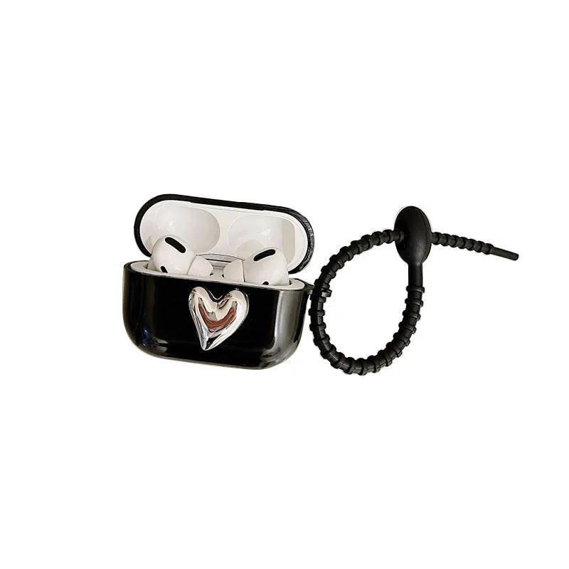 Black earphone sleeve with electroplated love heart design for AirPods case showing TPU back cover and black cord