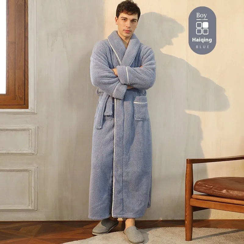 Super thick flannel couple's bathrobe in navy blue, shown on a hanger.