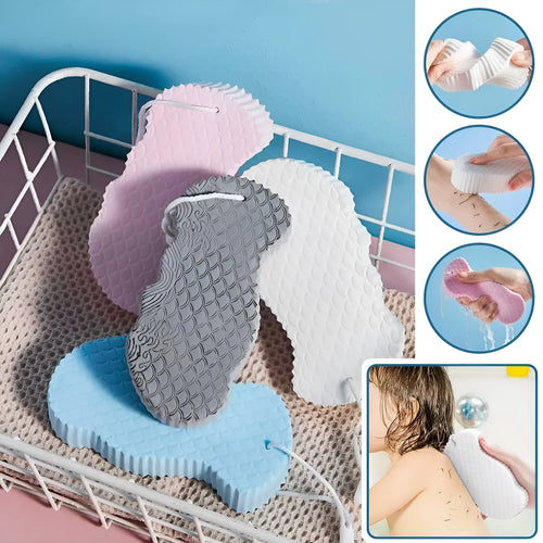 3D fish scale pattern bath sponge in white, grey, pink and light blue colours for body exfoliation
