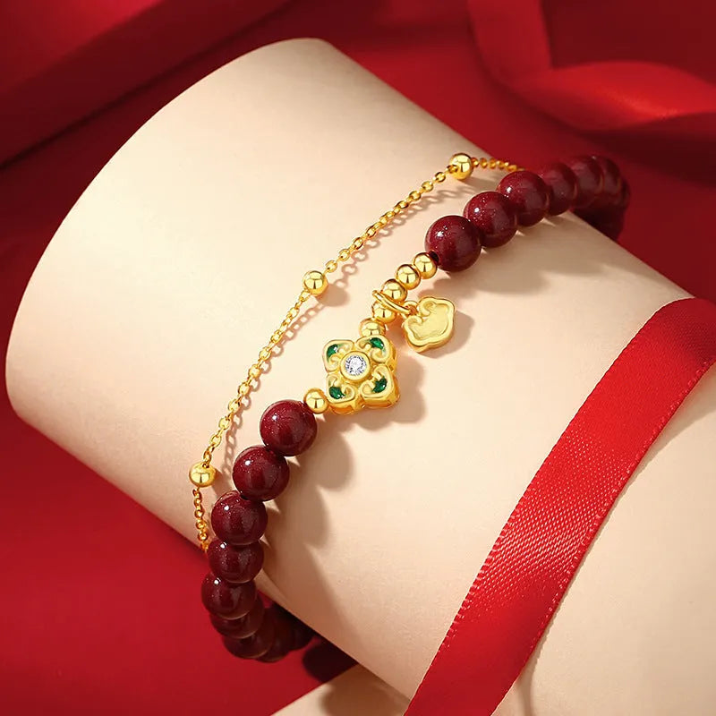 Sterling silver women's bracelet with Ruyi Xiangyun cinnabar flower design in geometric shape