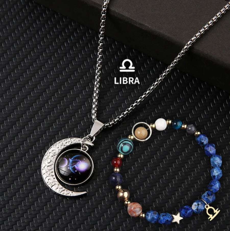 Natural stone zodiac necklace and bracelet set for all 12 star signs