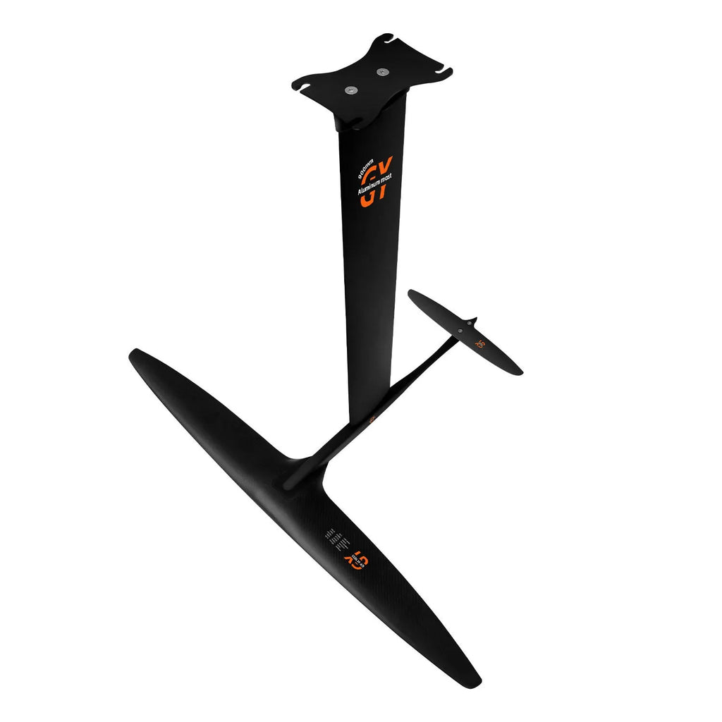 Black carbon fibre and aluminium alloy racing hydrofoil for surfboards with a large front wing.