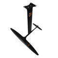 Black carbon fibre and aluminium alloy racing hydrofoil for surfboards with a large front wing.