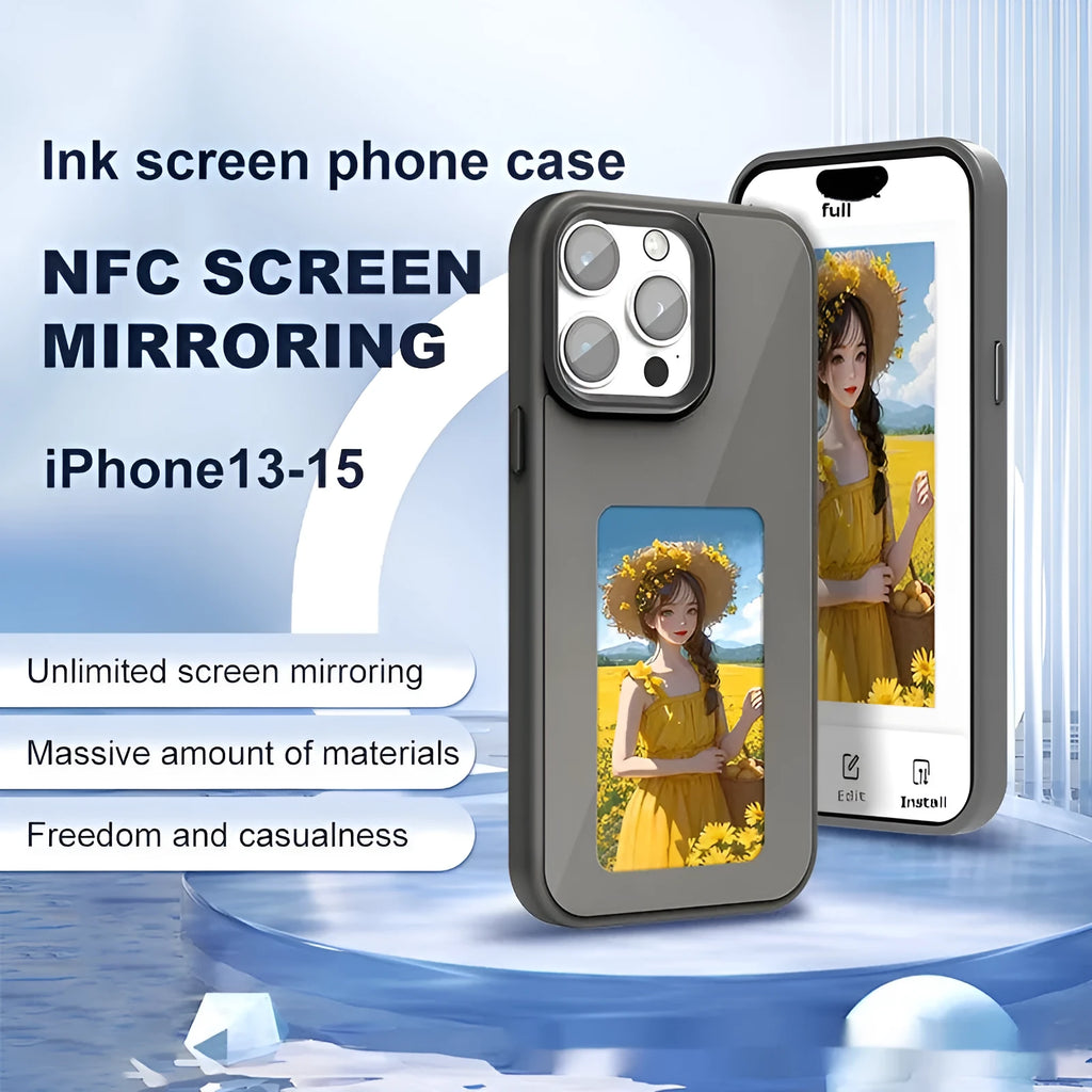 NFC four-colour E-ink screen AI projection phone case for iPhone, soft TPU composite board anti-fall cover in black with tulip design