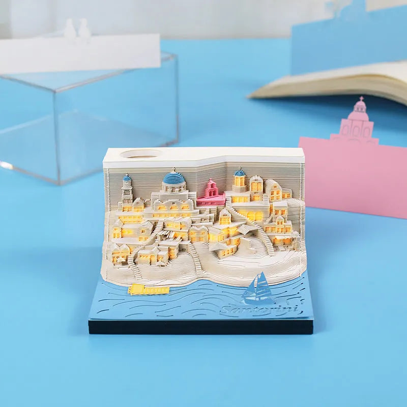 Santorini beach scene 3D paper carving notepad showing architectural model details
