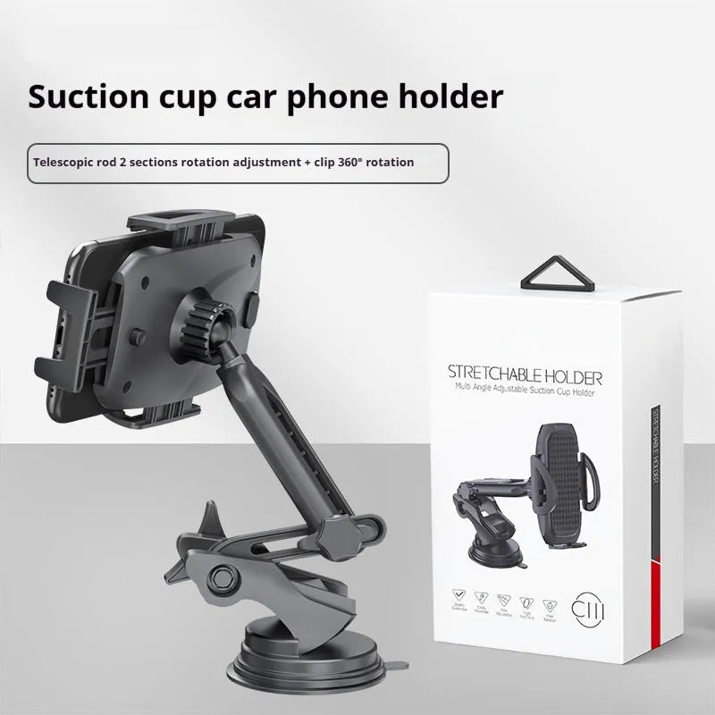 Black car phone bracket with double rod telescopic arm and sucker mount on a dashboard