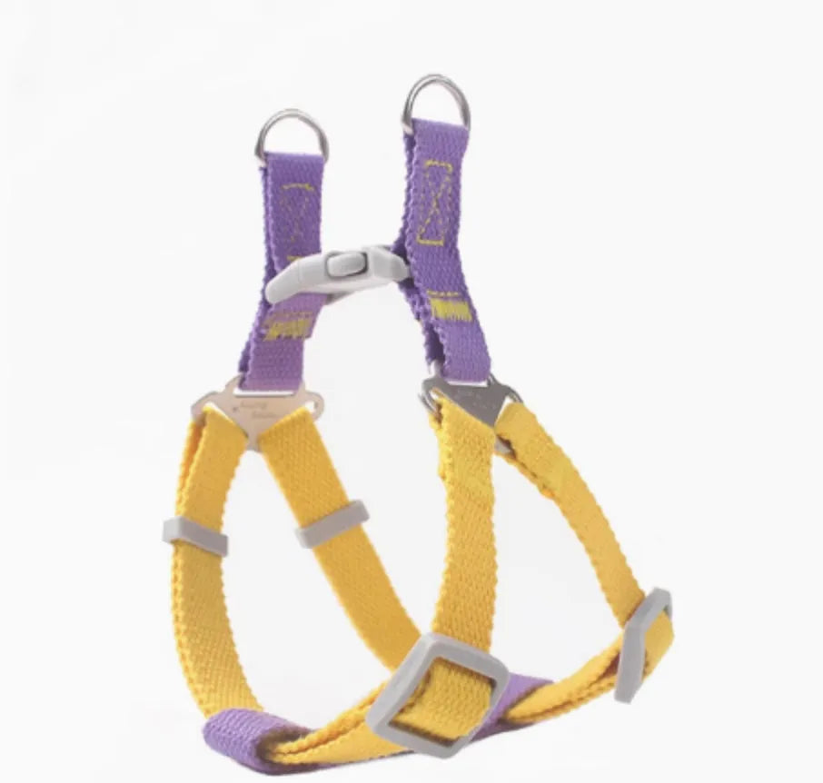 Contrast colour vest-style pet chest-back traction dog leash with lock release buckle in blue yellow