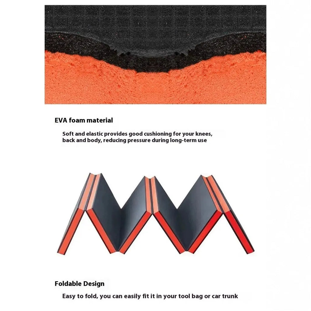 Grey EVA foam folding kneeling mat for car repair and maintenance tasks.