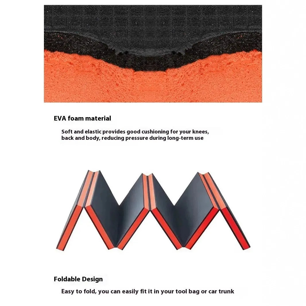Grey EVA foam folding kneeling mat for car repair and maintenance tasks.
