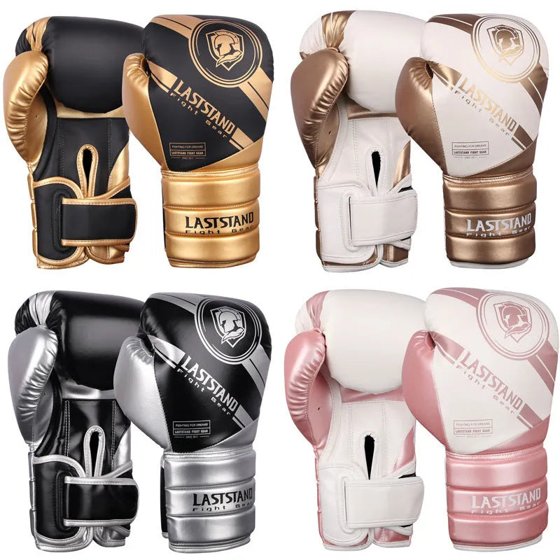 Professional vertical style PU boxing gloves for Sanda training, shown in multiple colour and weight options.