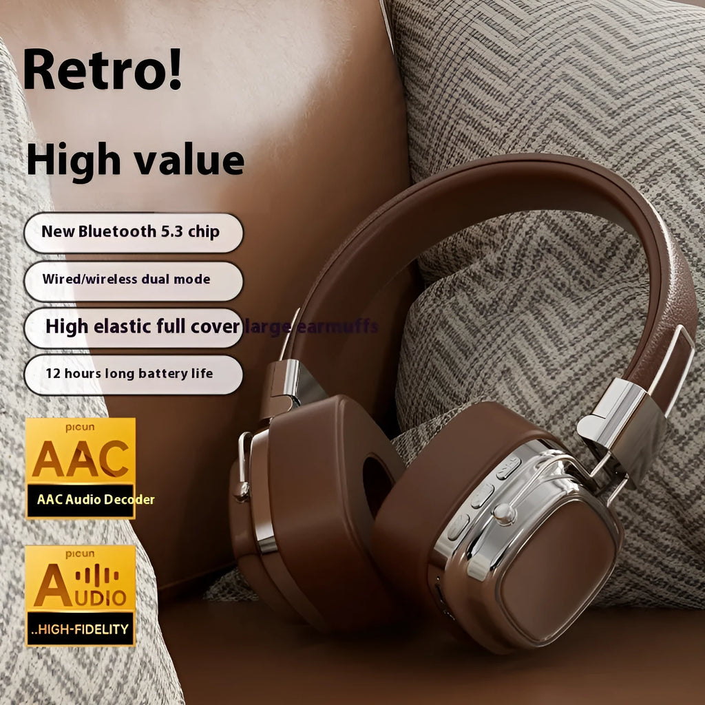 Retro wireless Bluetooth 5.3 head-mounted dynamic bass boost headset in silver brown colour
