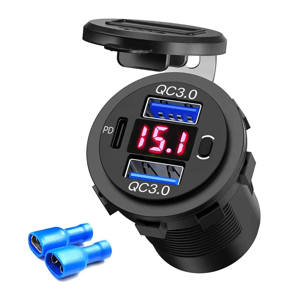 Blue modified dual QC car phone charger PD30 with digital display and attached wire