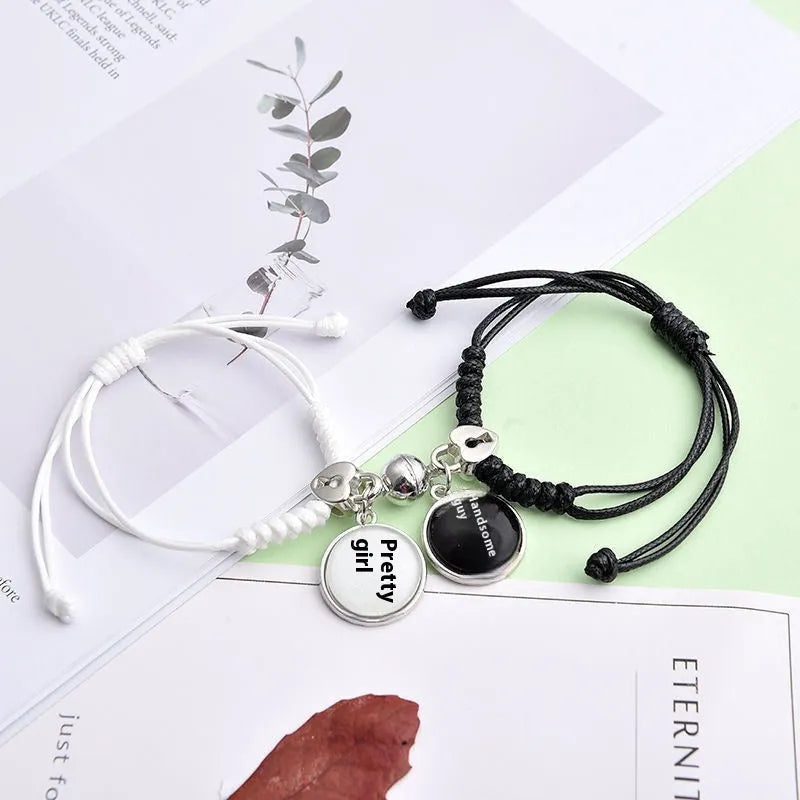 Magnet couple bracelets with electroplated finish showing magnetic clasp and symbolic design options