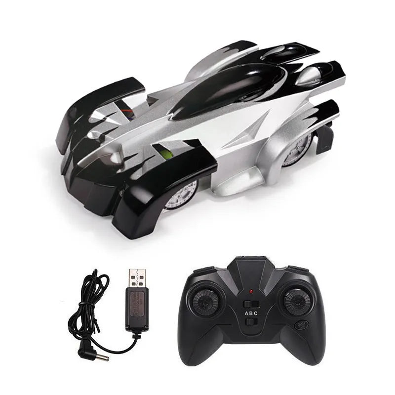 Wall climbing RC car in black with LED lights and 360-degree rotation on a wall surface