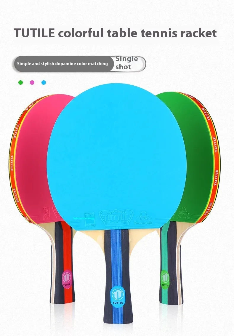Pink, blue, and green table tennis rackets with long shakehand grips and matching protective cover bags.