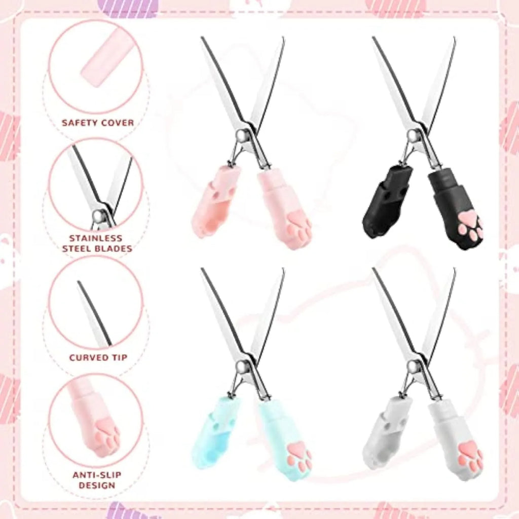 Cat paw design mini folding scissors in four colours showing stainless steel blades
