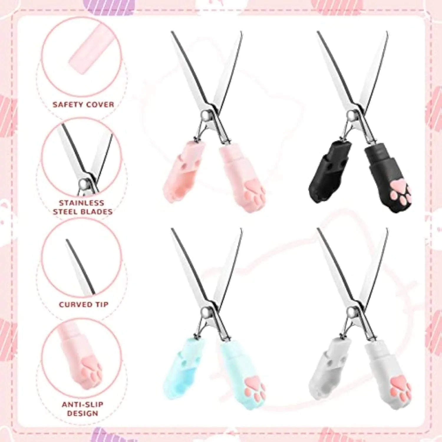 Cat paw design mini folding scissors in four colours showing stainless steel blades