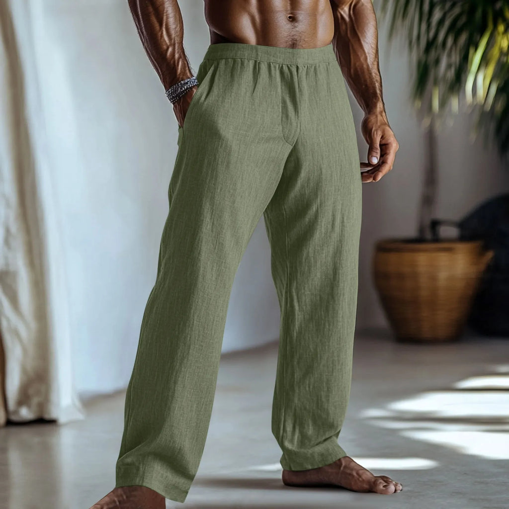 Cotton and linen straight-leg casual trousers in British style with straight leg openings