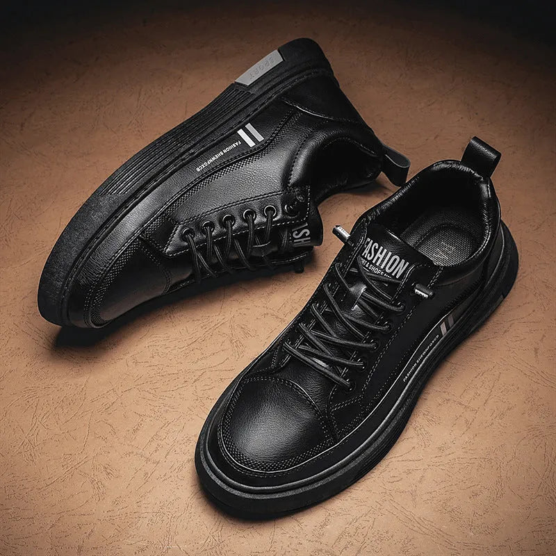 Men's casual skateboard shoes with microfiber upper and elastic band closure in white or black