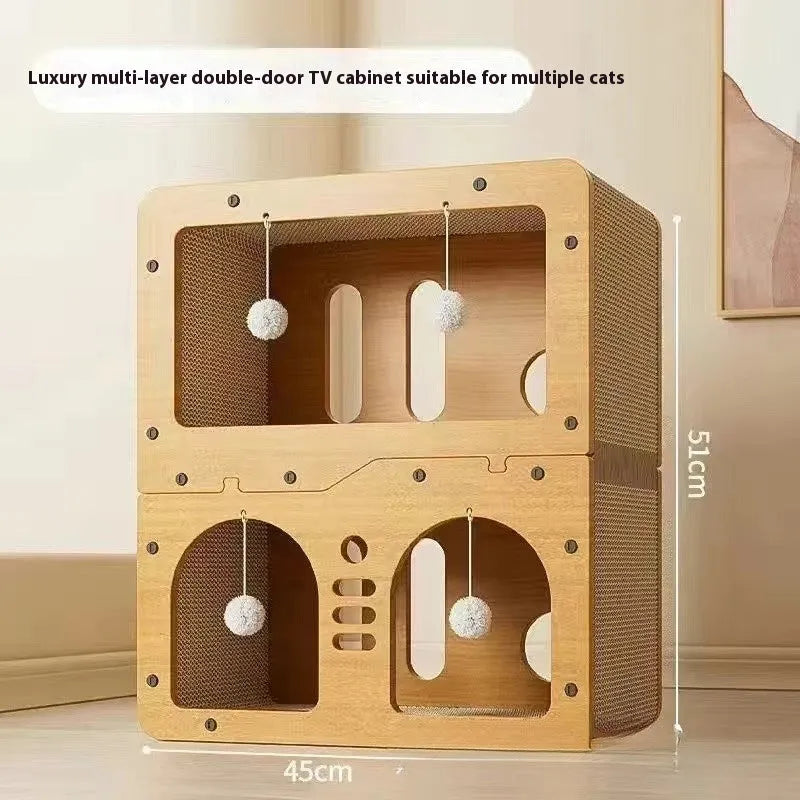 A double layer cat scratching board and nest in a cute owl design style