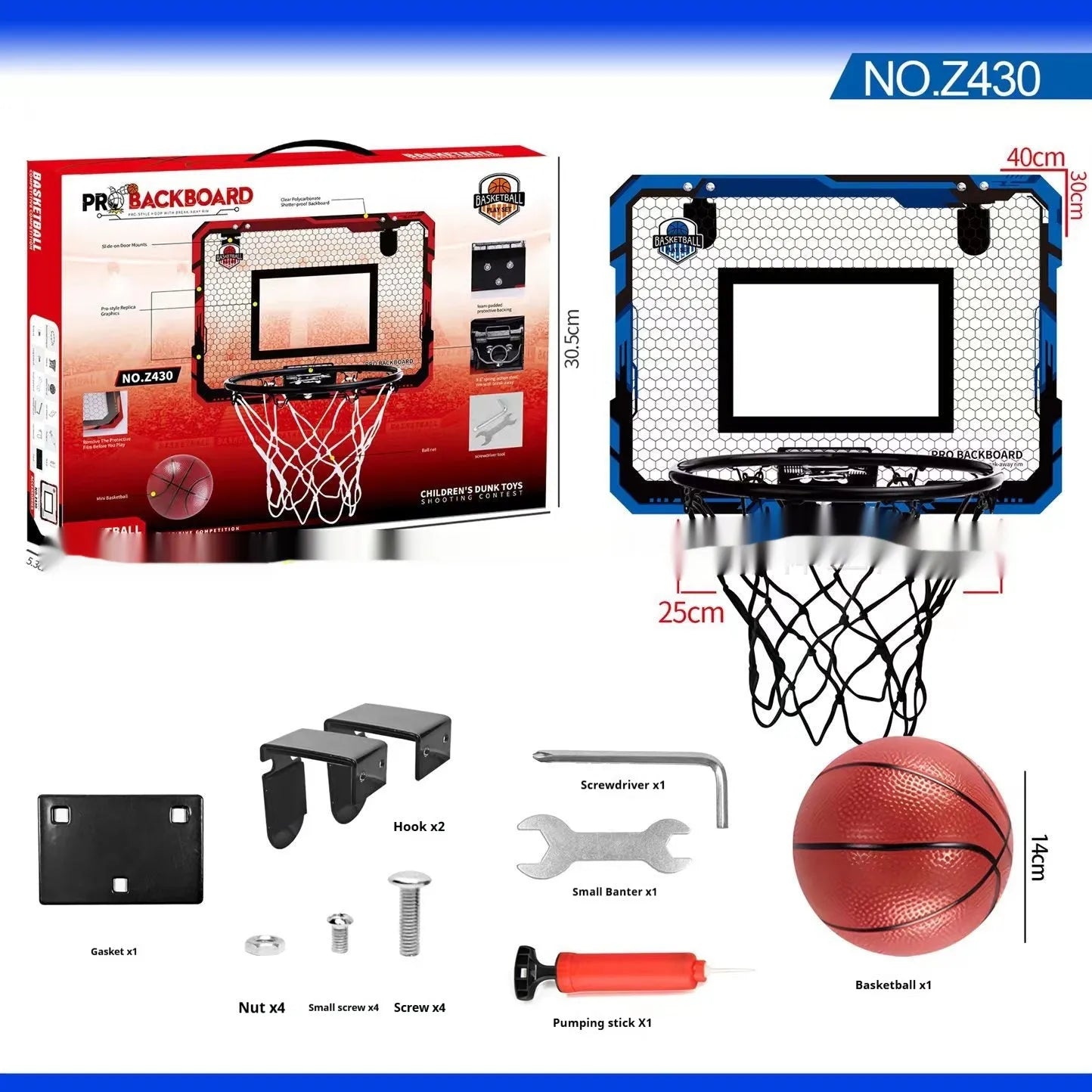 Red and blue folding basketball frame with suction cups and hook on a 400x300mm panel.