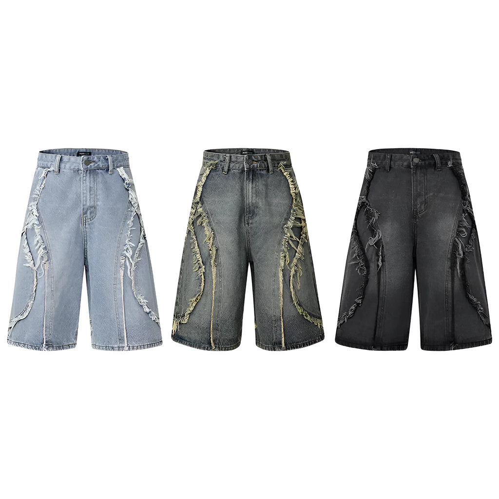 American Pu Shuai men's distressed raw edge denim shorts in straight-leg cropped cut.
