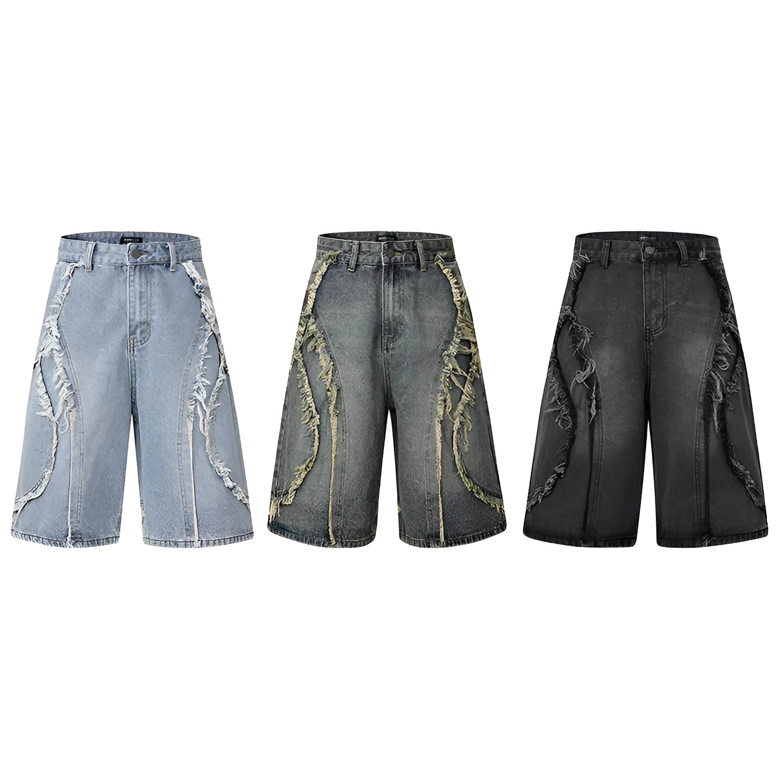 American Pu Shuai men's distressed raw edge denim shorts in straight-leg cropped cut.