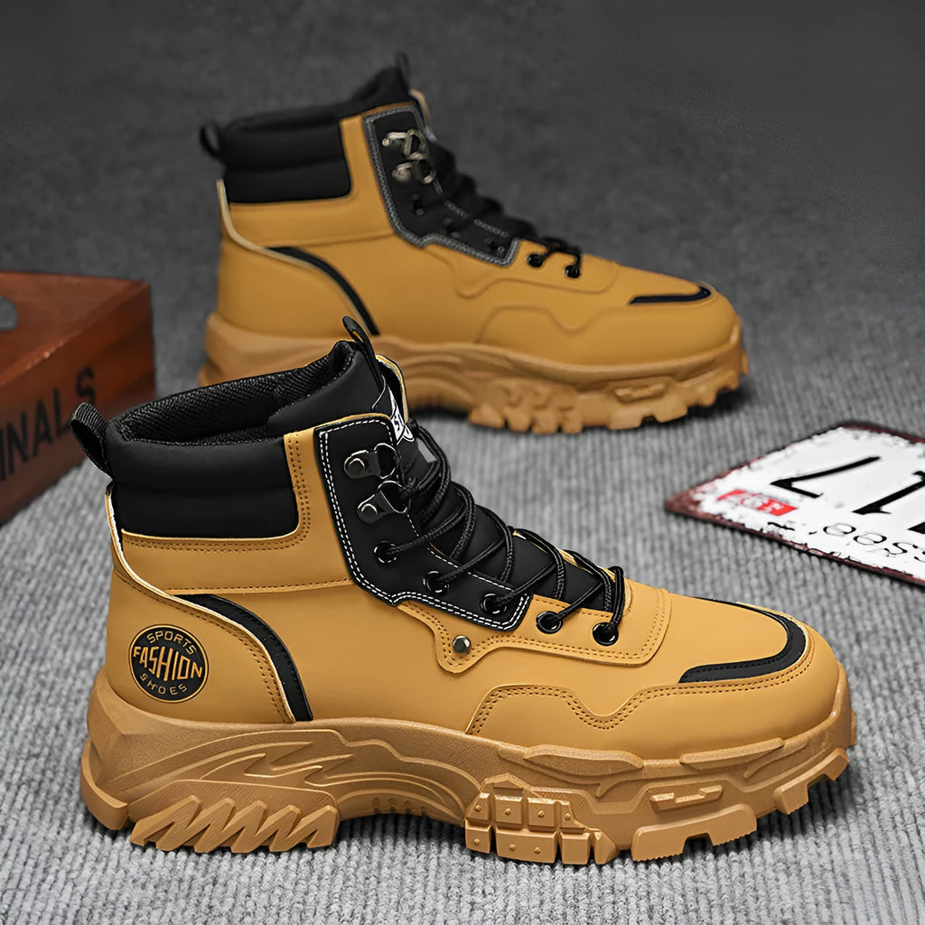 Men's black and yellow Martin boots with a mid-height heel and high-top design.