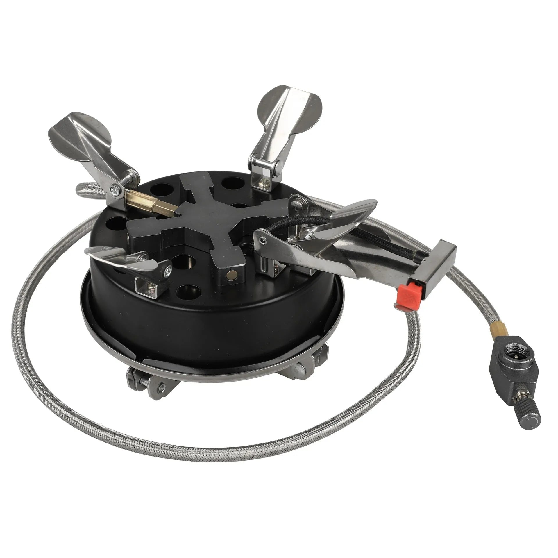 Silver portable split camping stove made of stainless steel and copper, shown folded with gas hose.