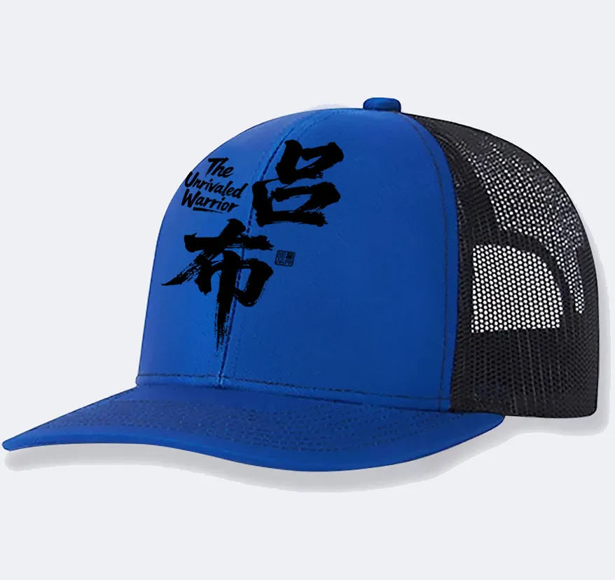Men's black polyester baseball cap showing six-panel construction on a white background.