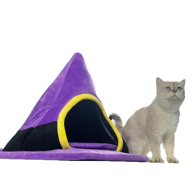 Purple Halloween witch hat shaped cat bed for pets, measuring 60cm by 45cm