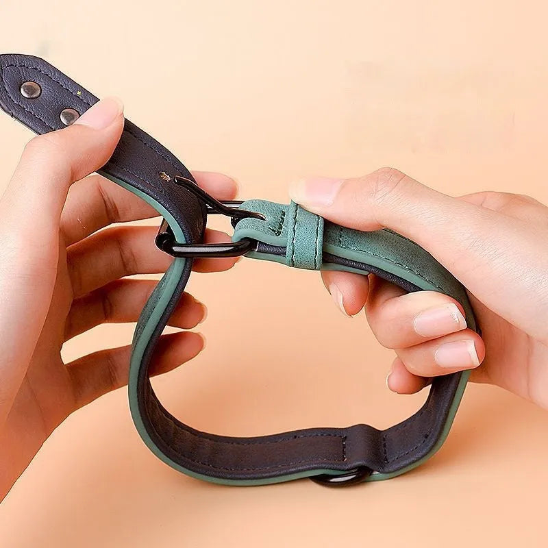 Adjustable dog collar showing double-layer construction with PU front and microfiber back in multiple colour options