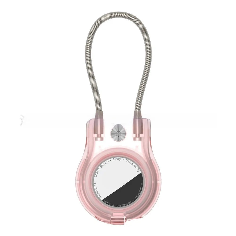 Airtag anti-lost keychain with stainless steel wire rope and PC housing in transparent pink
