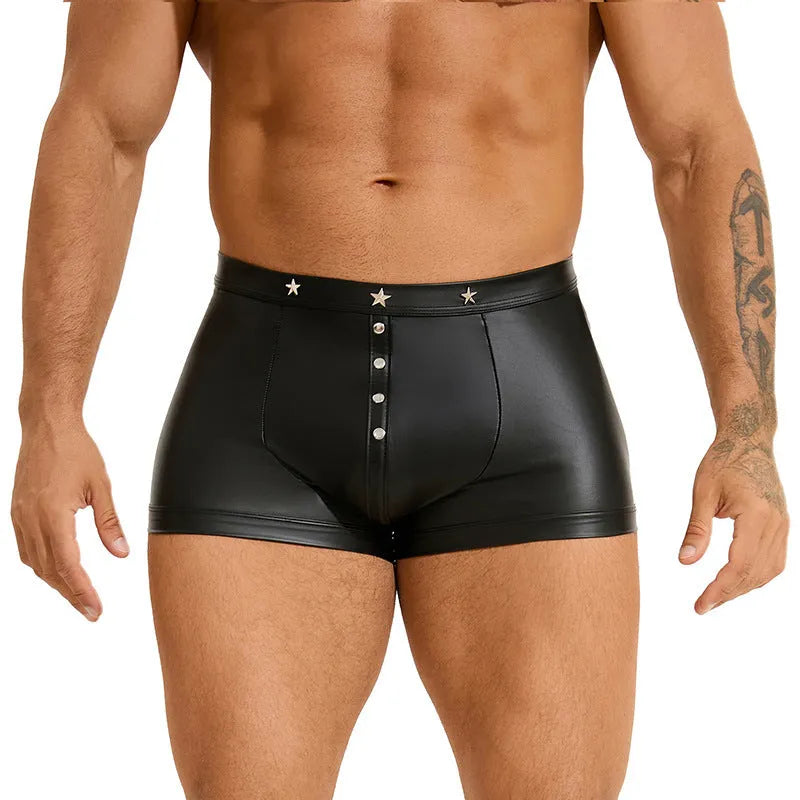 Black PU leather men's boxer shorts with U pouch design on size chart