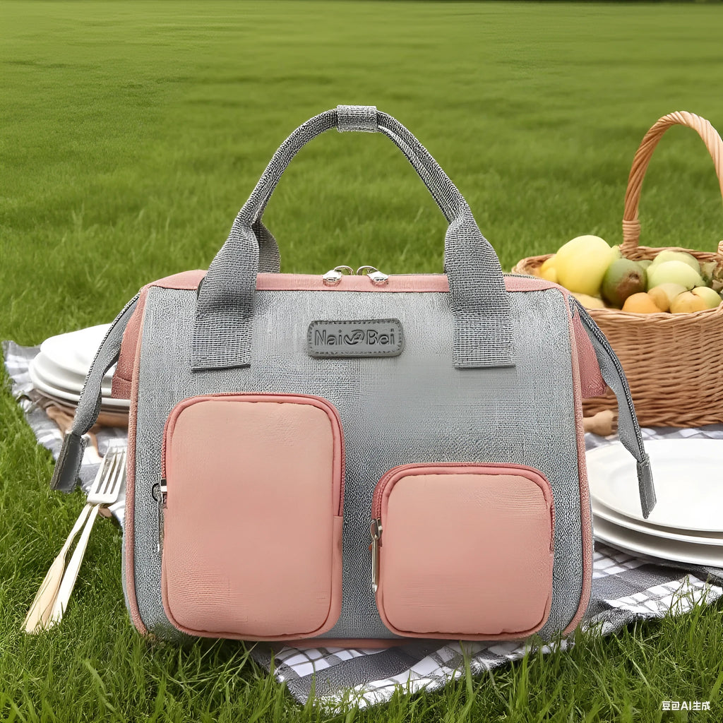 Grey and pink grey women's waterproof Oxford cloth handbag with an outer pocket and large capacity.