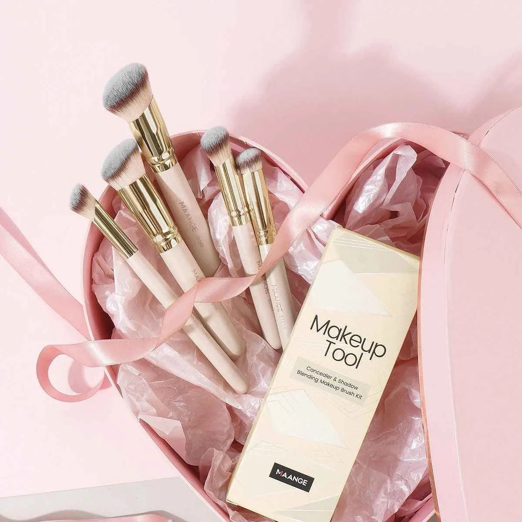 5-piece apricot coloured makeup brush set with angled blusher brush for powder and cream application