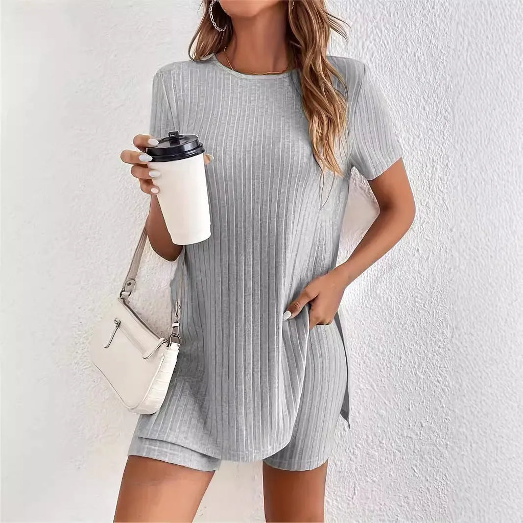 Women's black cotton crew neck short sleeve top and matching shorts suit set with ribbed detailing