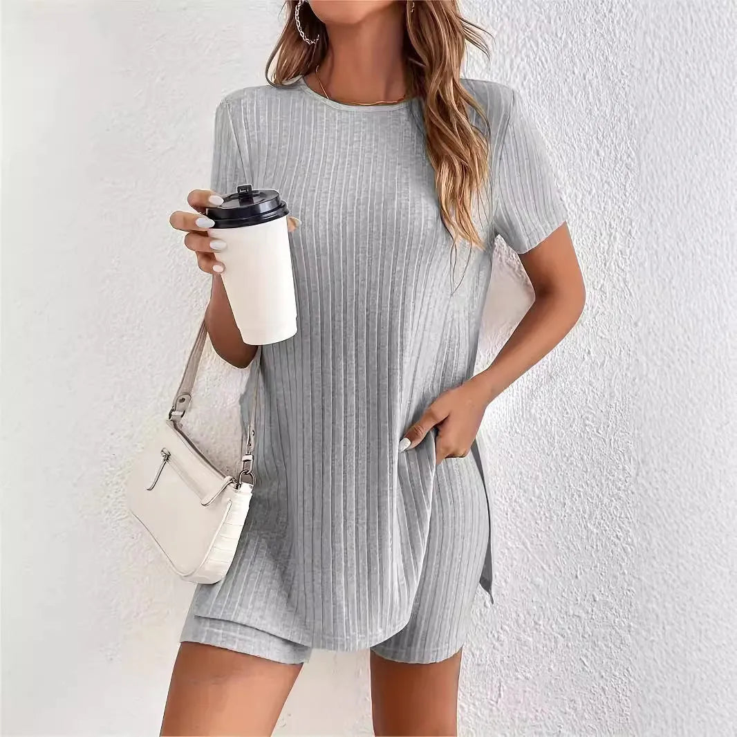 Women's black cotton crew neck short sleeve top and matching shorts suit set with ribbed detailing