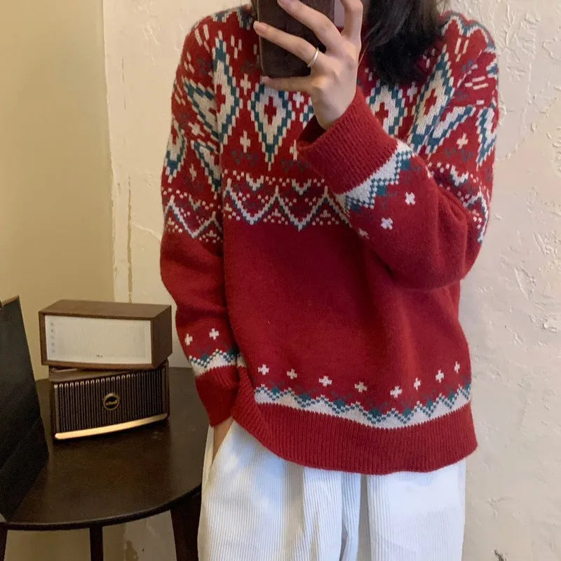Striped loose retro pullover knitted top in polyester fibre with long sleeves
