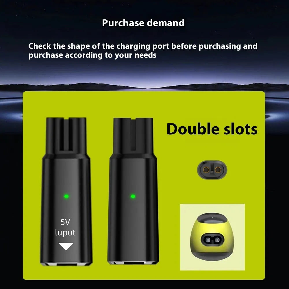 Black USB-C charging adapter for electric shavers with aluminium alloy casing and 4.3V 8W specifications