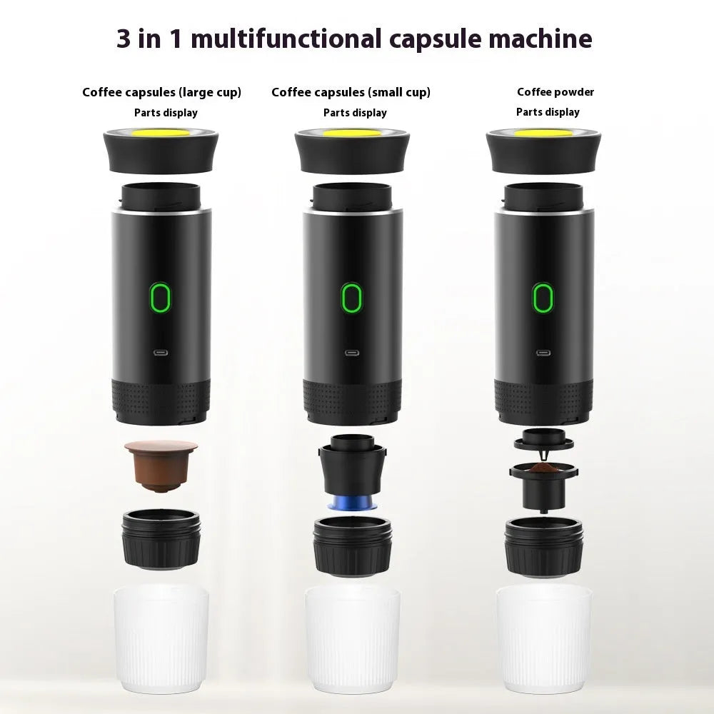 Portable 3-in-1 espresso machine in black grey green silver white colours with USB cable