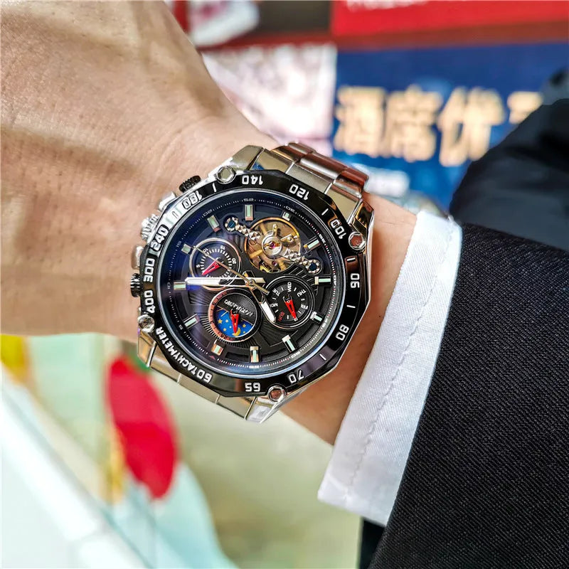 Men's automatic mechanical watch with various colour combinations showing 12mm thickness profile
