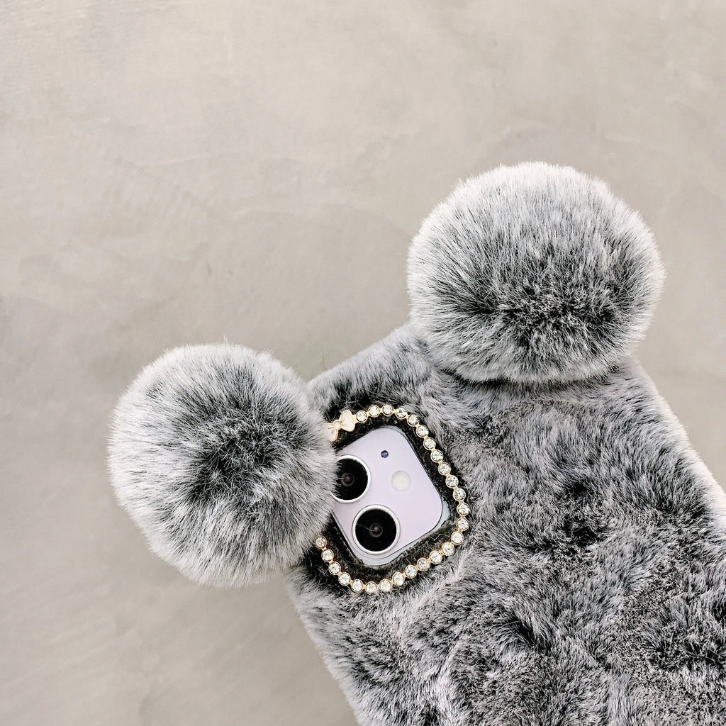 Cute plush panda hand warmer thermal shell case for iPhone 15