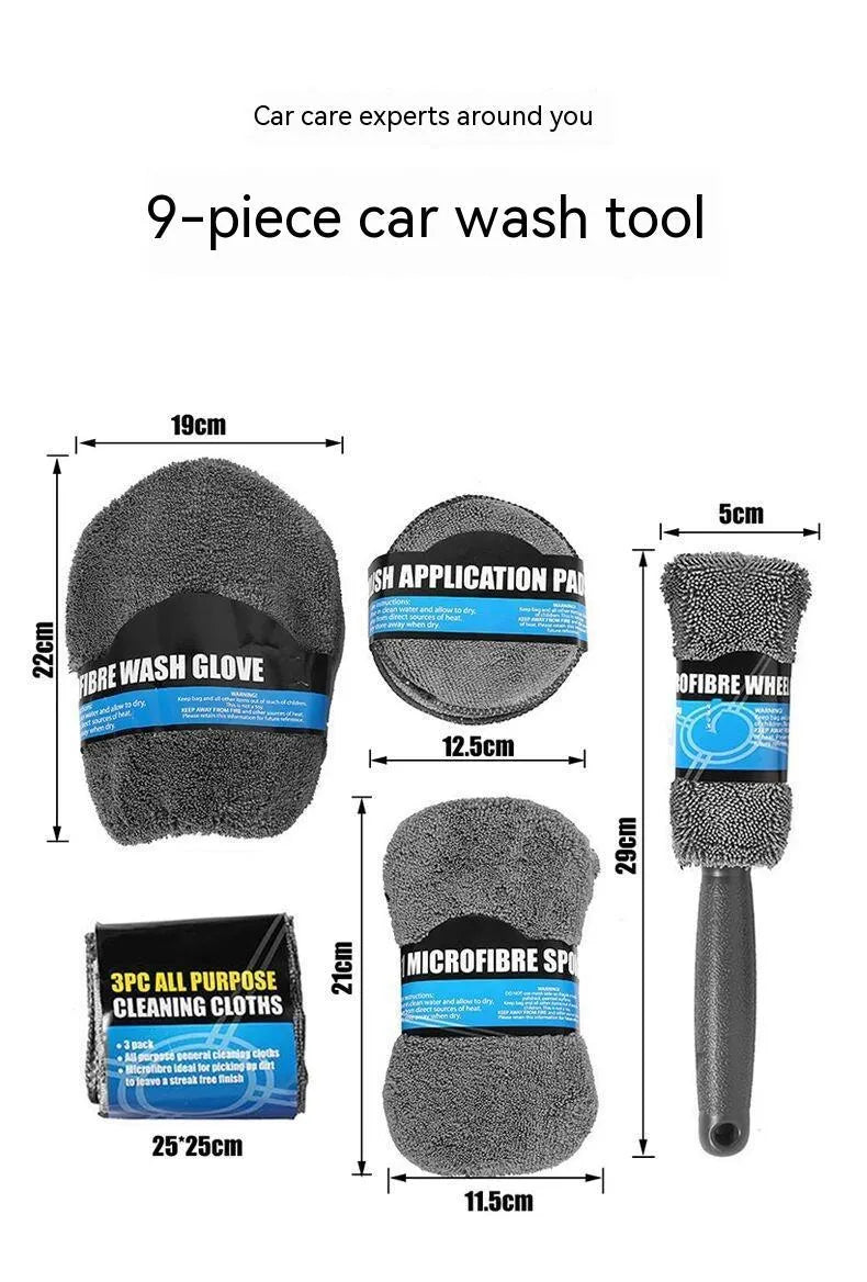 9-piece grey microfiber car wash set with sponge gloves brush and cleaning towels